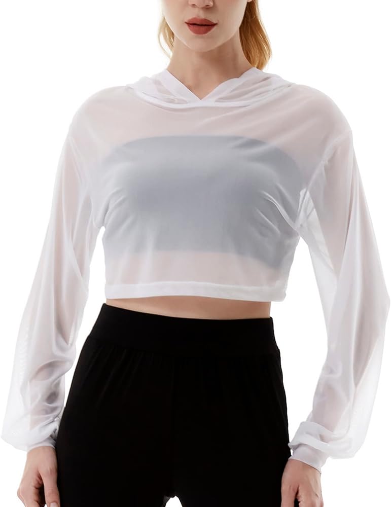 Women's Cropped Mesh Hoodie See Through Long Sleeve Crop Tops Sheer Sweatshirt