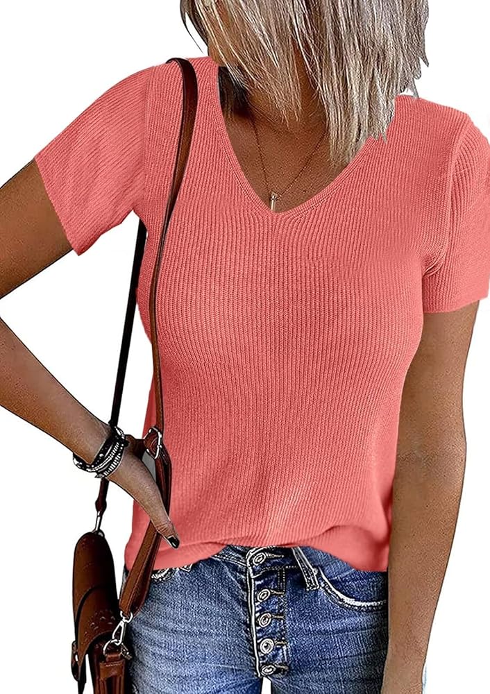 Allimy Womens Short Sleeve Double V Neck Knit Sweater Tops Summer Tops 2024 Clothes Trendy T Shirts