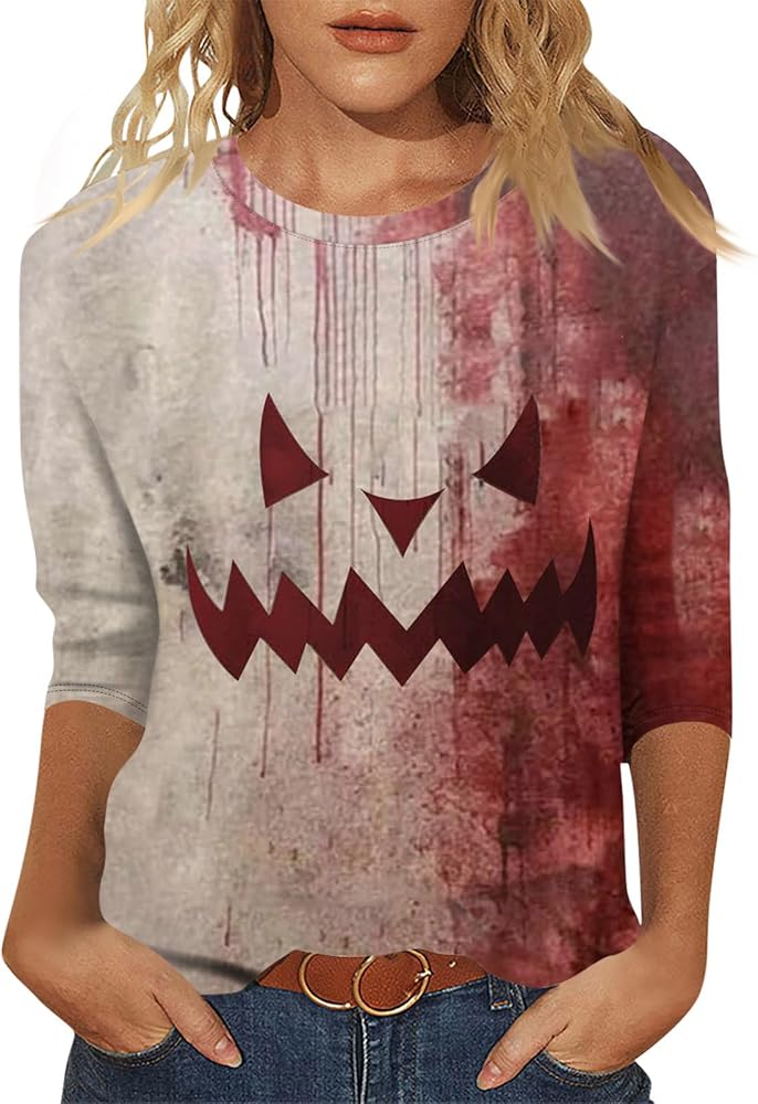 Women Halloween Costumes 3/4 Sleeve Round Neck Trendy Tops Casual Tees Printed Tunics Graphic Shirts Loose Blouses