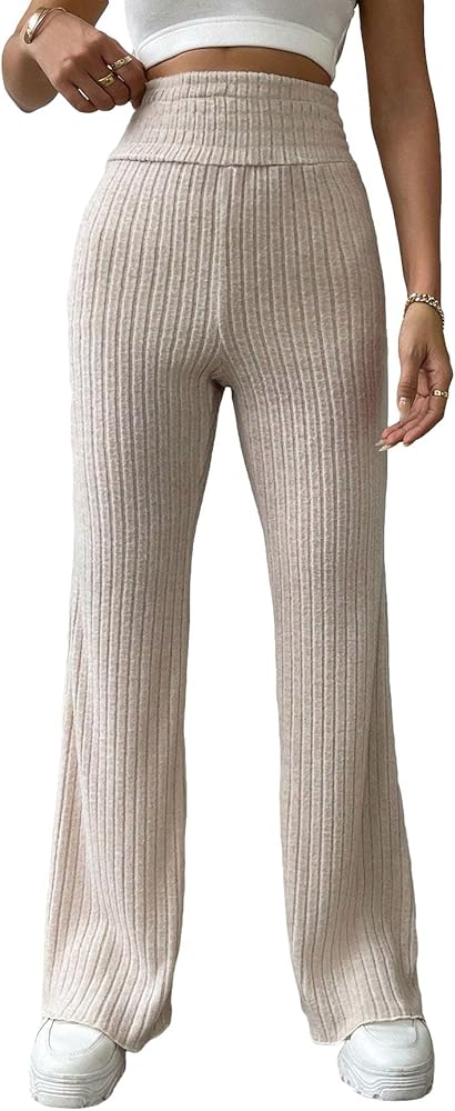 MakeMeChic Women's Ribbed Knit Flare Leg Pants High Waisted Straight Wide Leg Bootcut Bell Bottom