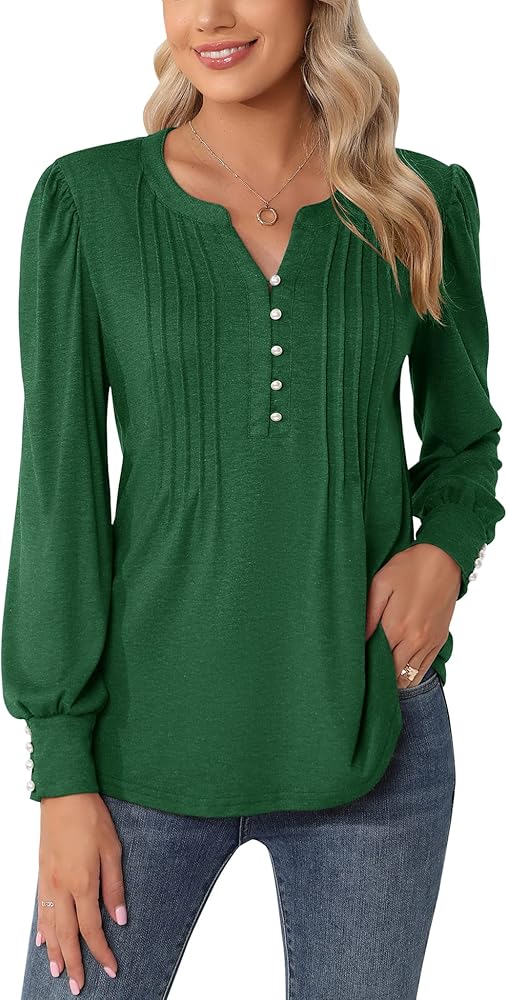 LUYAA Women's Long Sleeve Casual Blouses Dressy Tunic Top V Neck Button Office Wear Fall Winter