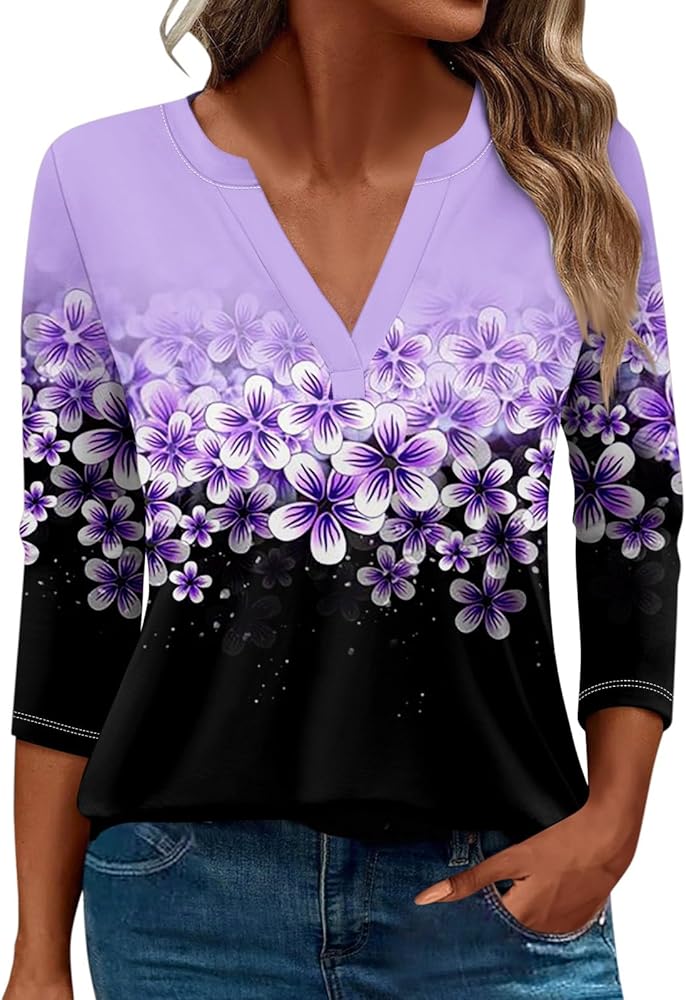 Women's T-Shirts Long Sleeve V Neck Loose Tees Casual Clothes Floral Blouses Print Tunics