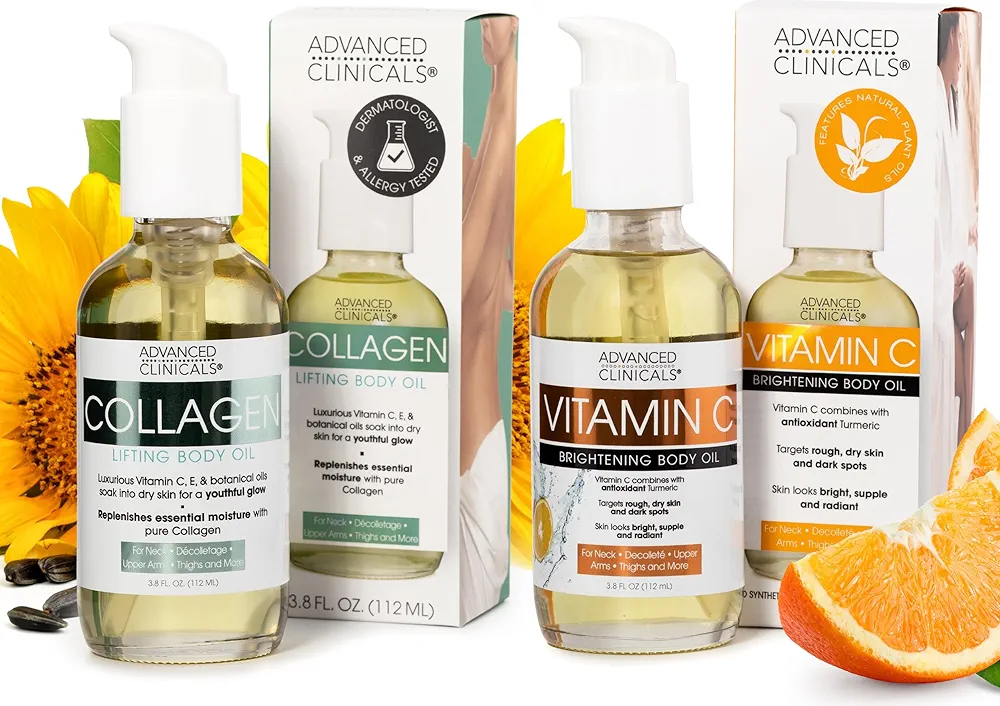 Advanced Clinicals Collagen Lifting Body Oil + Vitamin C Brightening Body Oil Moisturizer Skin Care Set - Nourishing, Brightening, & Firming Body Oil To Improve Look Of Sagging Skin, 2PC Bundle