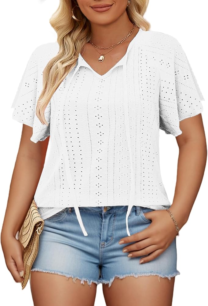 ROSRISS Plus-Size-Womens-Summer-Tops Casual V Neck Shirts Cute Ruffle Short Sleeve Blouses Trendy Dressy Eyelet Tunics XL-5XL