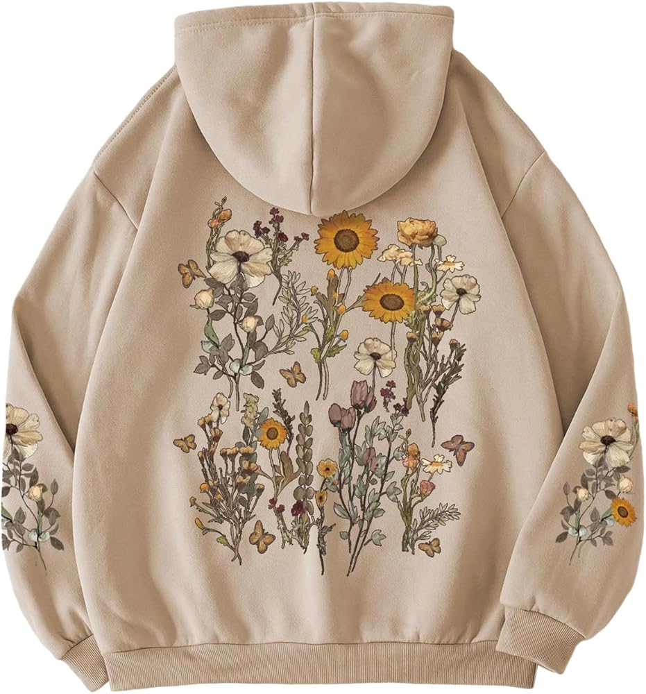 WDIRARA Women's Floral Print Drawstring Hoodie Long Sleeve Drop Shoulder Pullover Thermal Sweatshirt