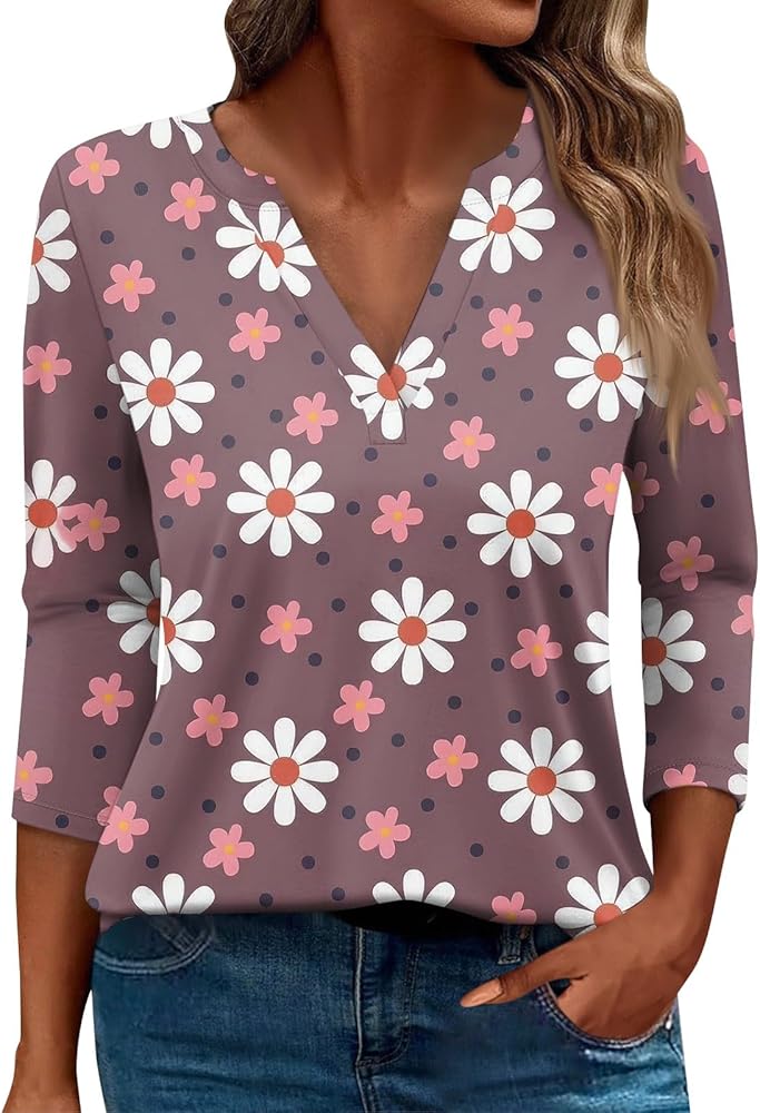 Women Tops Long Sleeve V Neck Print Tunics Floral Tees Trendy Blouses Casual Clothes