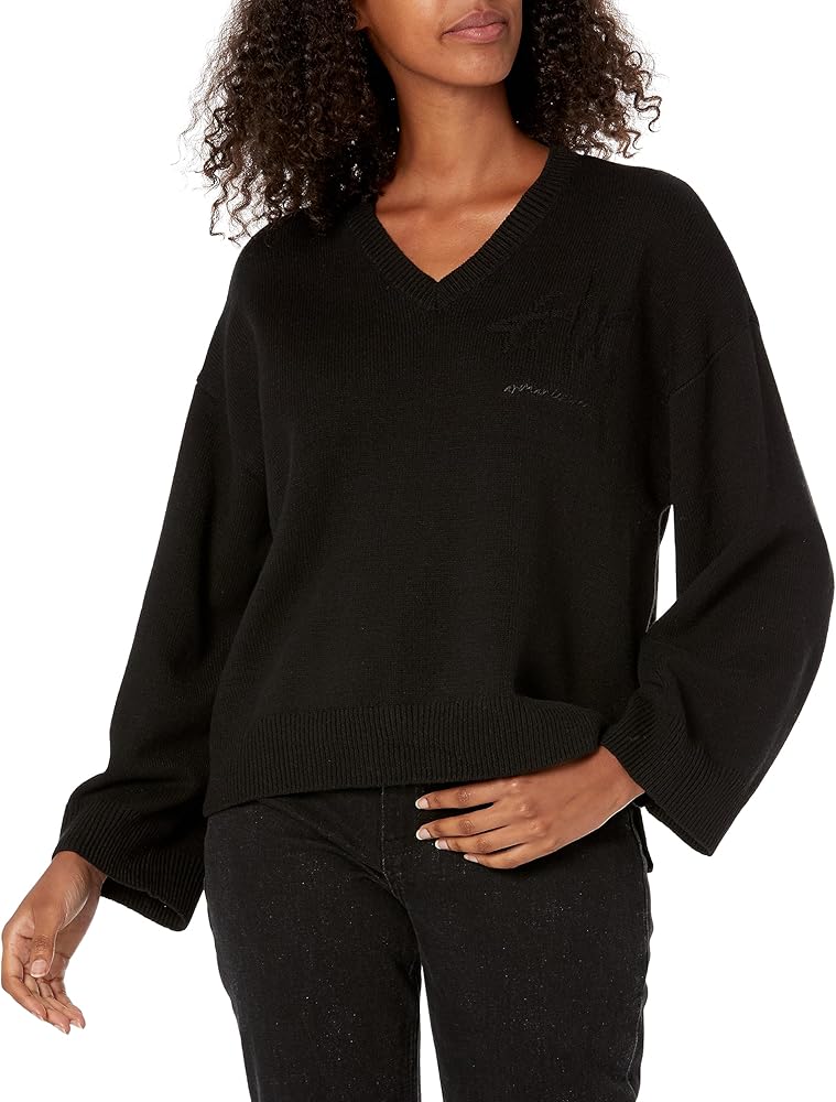 Armani Exchange Women's Knit V Neck Pullover Sweater with Balloon Sleeves