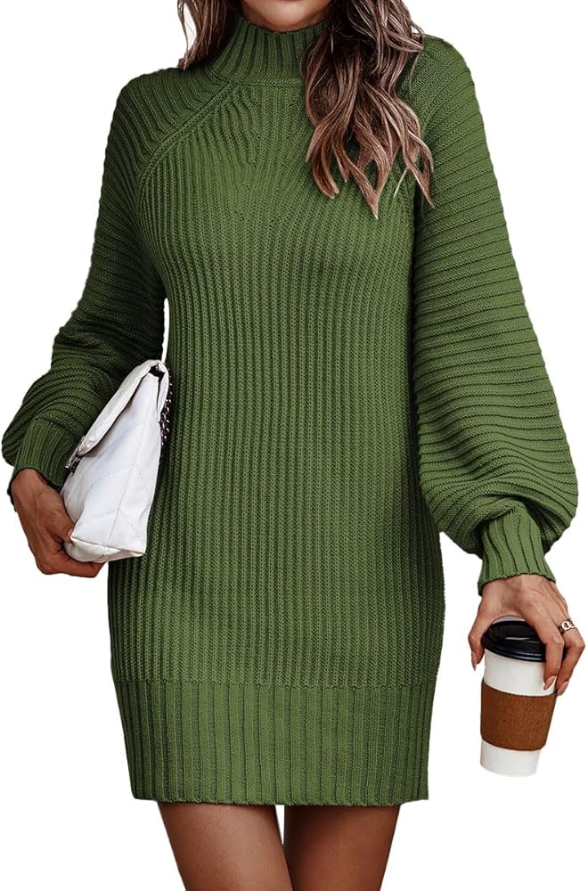 LILLUSORY Women's Mock Turtleneck Sweater Dress Trendy Pullover Puff Sleeve Fall dress Knit Winter Outfits