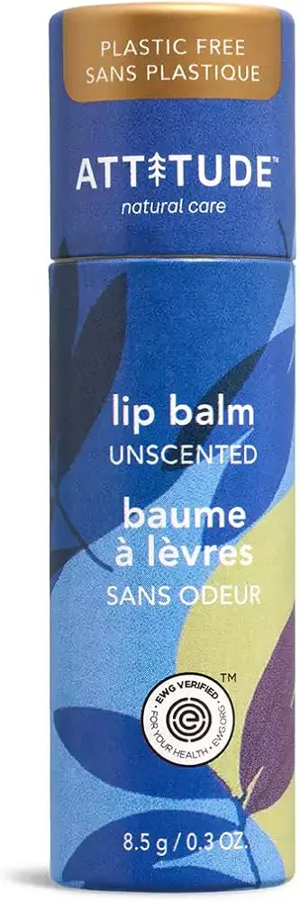 ATTITUDE Plastic-free Lip Balm, EWG Verified Plant- and Mineral-Based Ingredients, Vegan and Cruelty-free Personal Care Products, Unscented, 0.3 Oz