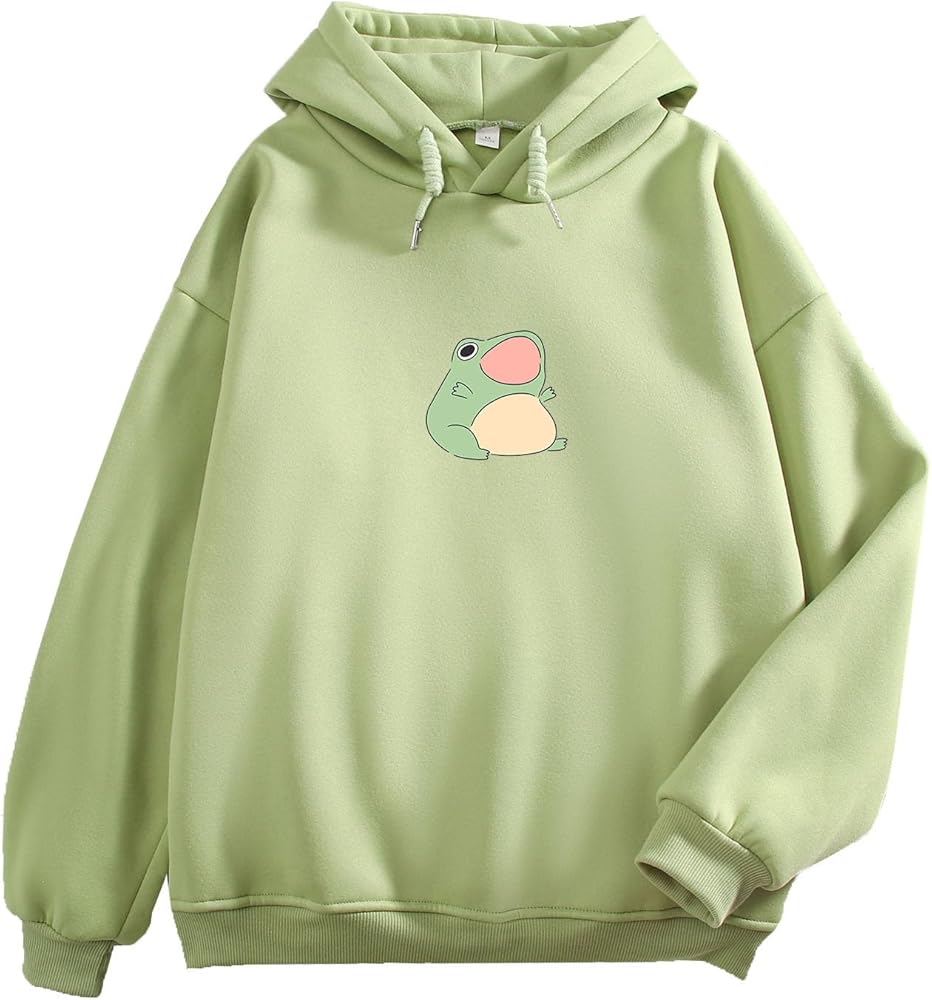 Bubeutou Women Cute Frog Graphic Hoodies for Teen Girls Aesthetic Kawaii Sweatshirt Cartoon Pullover Top Cottagecore