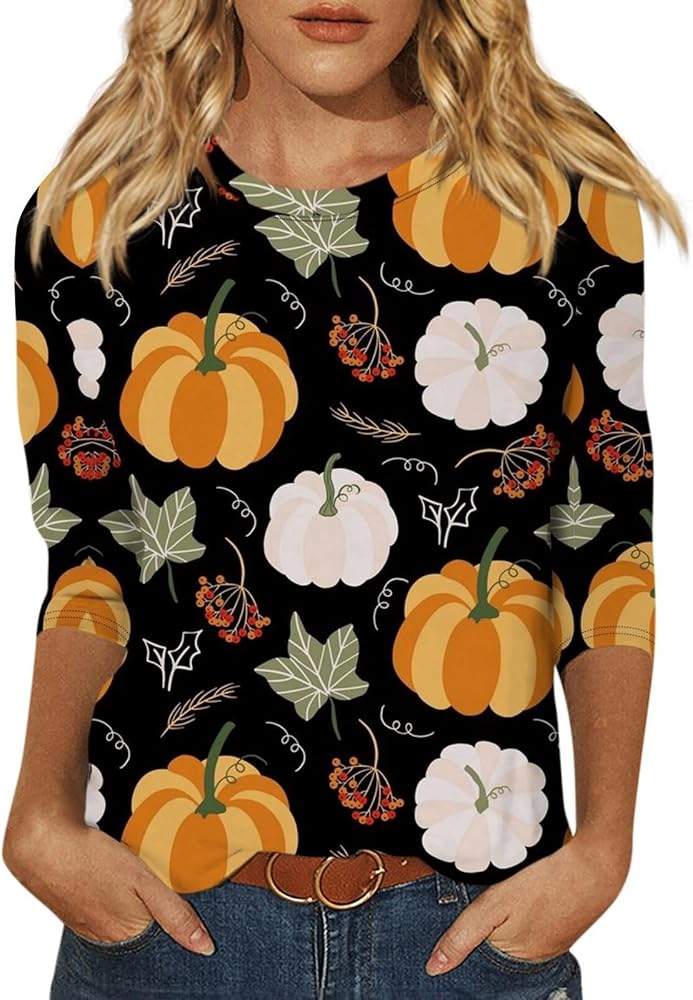 Halloween Shirts for Women 3/4 Length Sleeve Round Neck Tops Basic Blouses Casual Trendy Tunic Fitted Tees