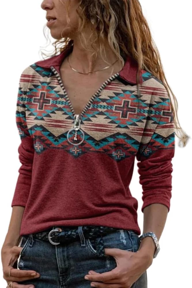 Fronage Aztec Sweatshirt Women Casual Mexico V Neck Half Zip Long Sleeve Pullover Top