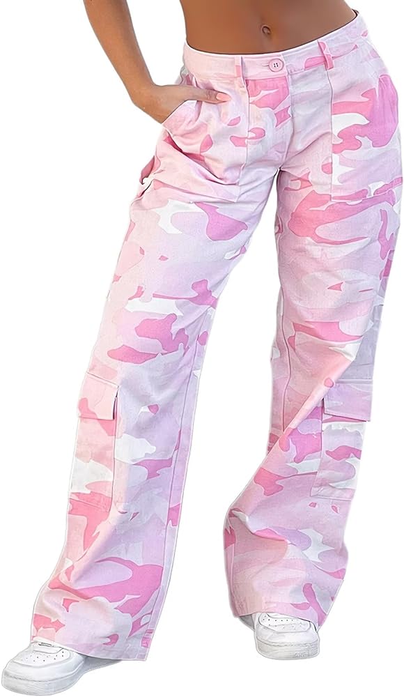 Flamingals Camo Cargo Pants for Women Mid Rise Wide Leg Pants Baggy Pants with Flat Pocket