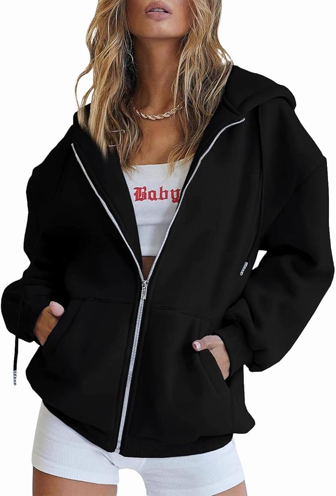 Women's Zip Up Hoodies Oversized Sweatshirt Teen Girls Y2K Clothing Cute Fall Casual Drawstring Jacket with Pockets