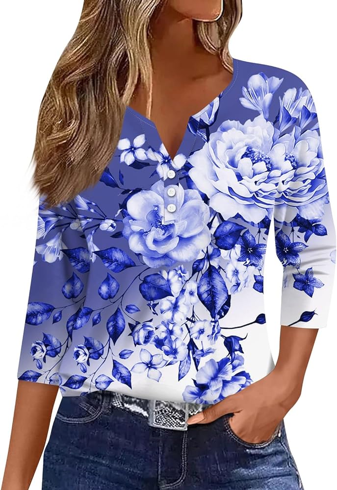 3/4 Length Sleeve Womens Tops Button Down Summer Fall Henley Neck T Shirts Plus Size Blouses Floral Print Tees