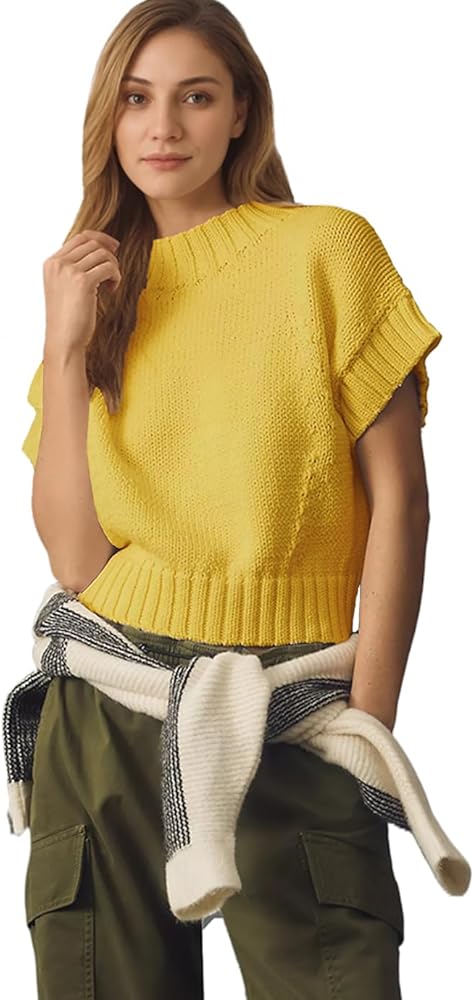 Women's Mock Neck Cap Sleeve Sweater Vest Casual Solid Cropped Tank Tops Pullover Sweaters