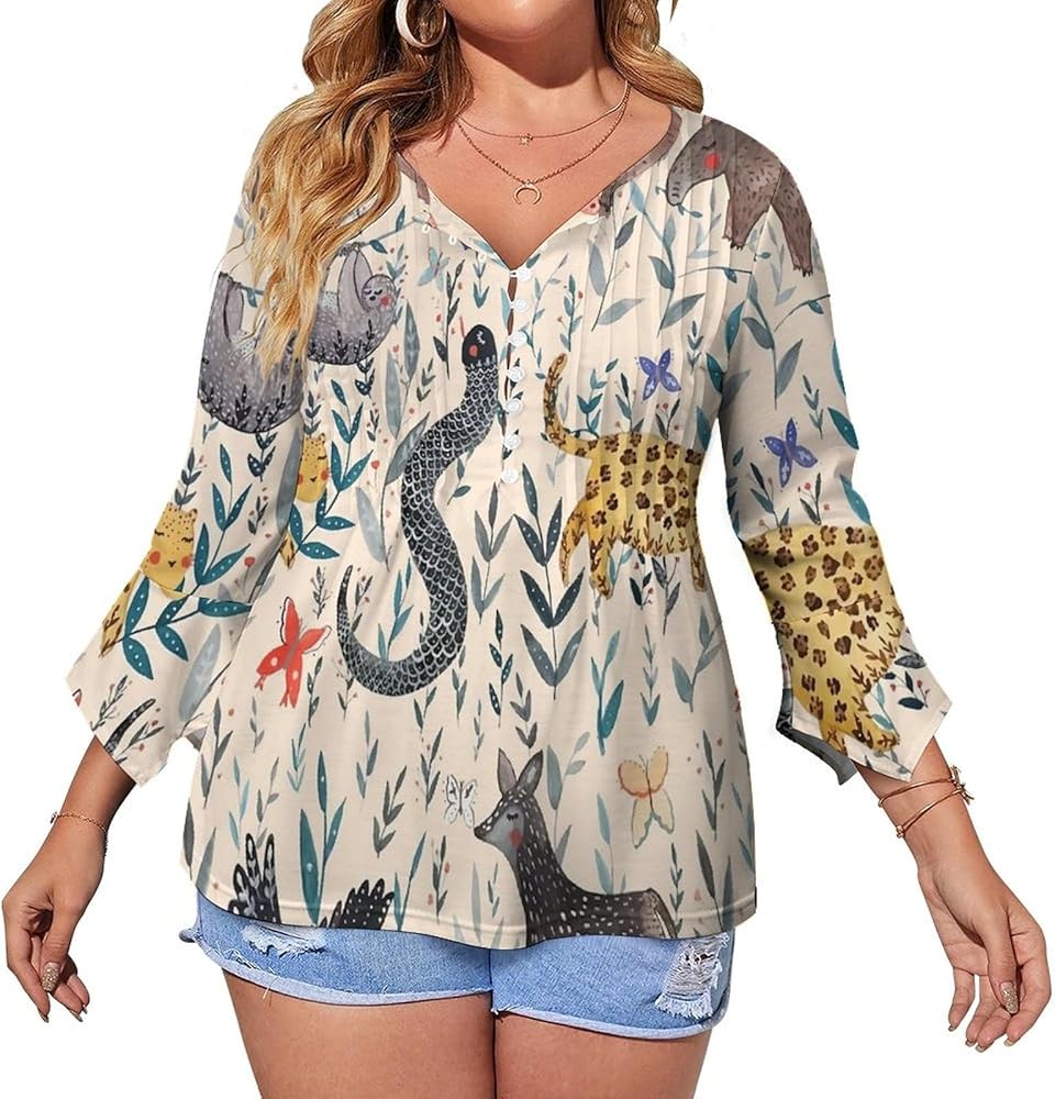 Rainforest Jam Cute Womens T-Shirts 3/4 Sleeve Button Down Tee Tops Blouse Summer Beach