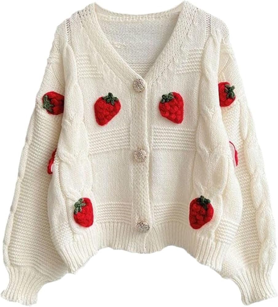 Xunger Women’s Cute Strawberry Knit Sweater Aesthetic Kawaii Cardigan for Teen Girls Y2K Floral School Uniform Outwear