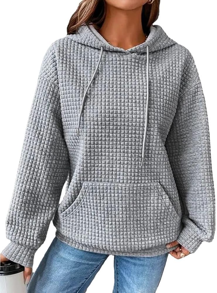 CORIRESHA Women's Fall Waffle Knit Hoodies Long Sleeve Drawstring Casual Pullover Sweatshirt with Pockets