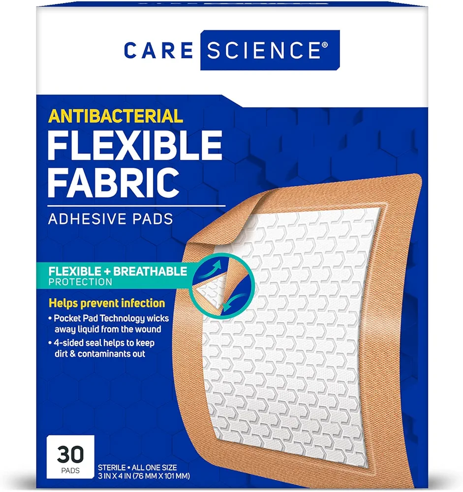 Care Science Fabric Adhesive Pad Bandages, 3x4 inches Extra Large Flexible Non-Stick Strip, Helps Prevent Infection, Breathable Protection, for First Aid & Wound Care, 30 Count