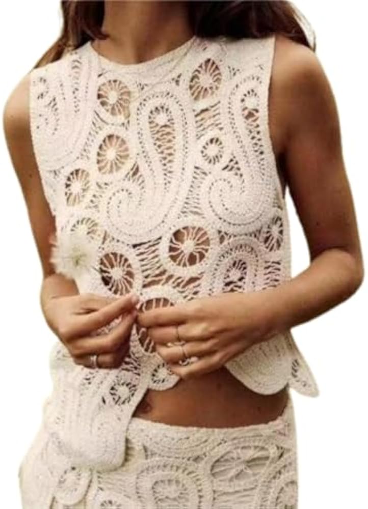 Pokn Knit Vest Sweater Tank Tops for Women Asymmetric Sweater Vest Crochet Tank Top Sleeveless Knitted Hollow Out Tank Tops