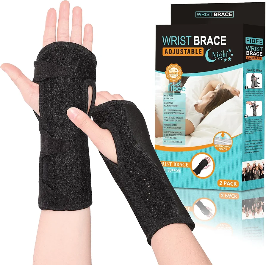 2 Pack Night Wrist Sleep Support Brace,Carpal Tunnel Wrist Brace Night Support,Adjustable Compression Wrist Splint for Tendonitis Arthritis Pain Relief Hand Support with Cushioned Beads Padded