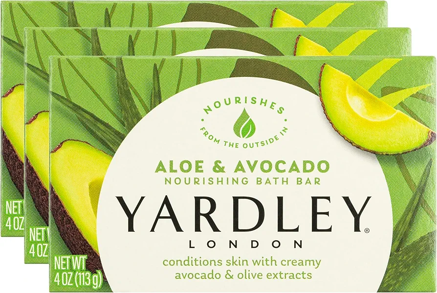 Yardley London Nourishing Bath Soap Bar Aloe & Avocado, Conditions Skin with Creamy Avocado & Olive Extracts, 4.0 oz Bath Bar, 1 Soap Bar (Pack of 3)