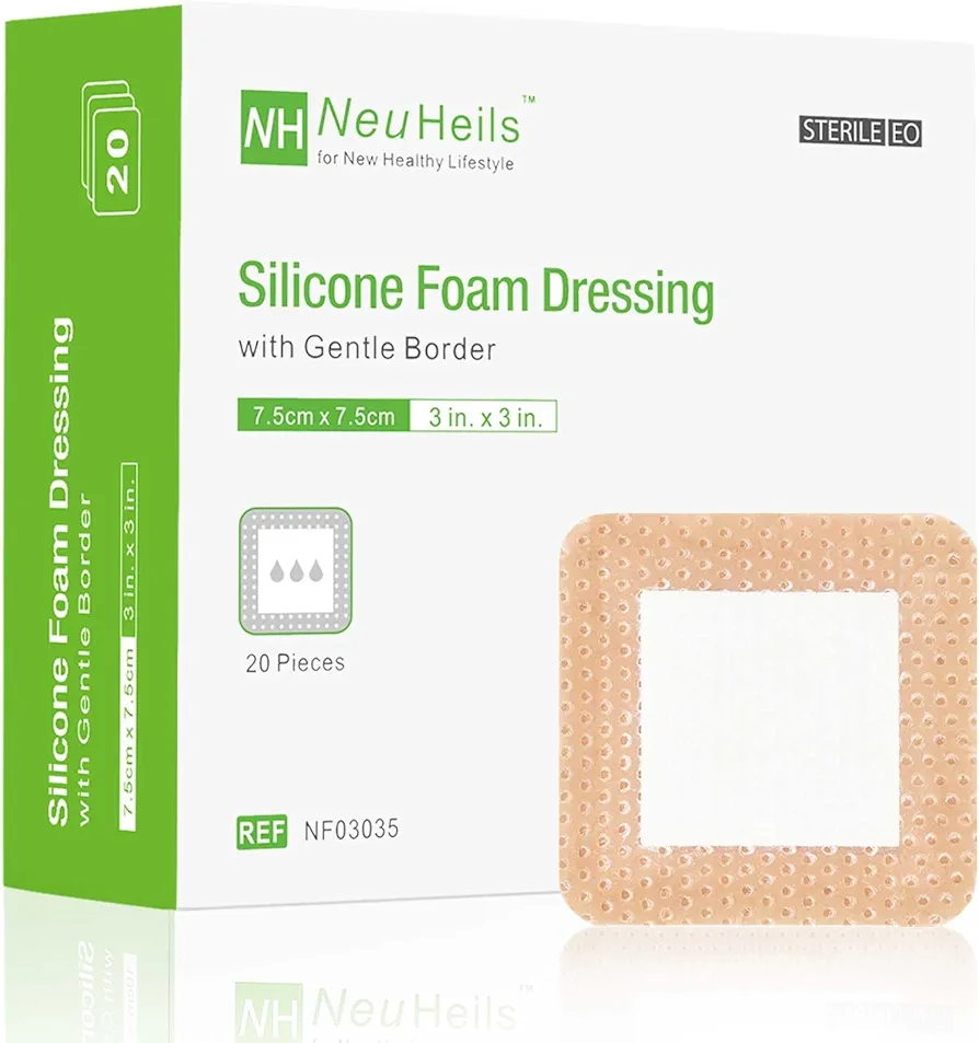 Silicone Foam Dressing with Gentle Border 3''x3'', 20 Packs for Bed Sore Pressure Ulcer, High Absorbency Waterproof Silicone Wound Bandage Patch