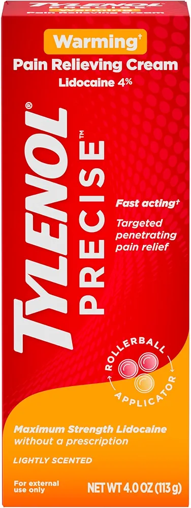 Tylenol Precise Warming Pain Reliever Cream, Maximum Strength 4% Lidocaine Warming Pain Cream for Back, Knee & Joint Pain, Fast-Acting, Penetrating Pain Relief Cream, Light Scent, 4 oz