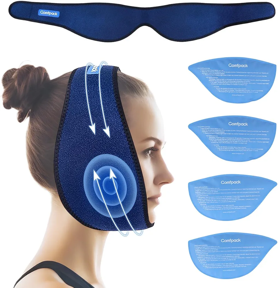 Wisdom Teeth Ice Pack Head Wrap After Surgery, 4 Reusable Hot & Cold Therapy Gel Ice Packs for Face Swelling, TMJ, Chin, Oral Pain, Jaw Pain, Dark Blue