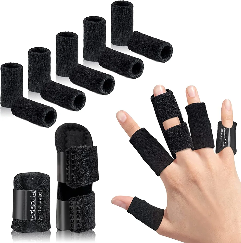 Finger Splint, Set of 2 Trigger Finger Brace with 10 Nylon Sleeves for Finger Pain Relief and Sport Injuries, Swelling Tendon Release Relieving Finger Stiffness and Sprained Knuckles (Black)