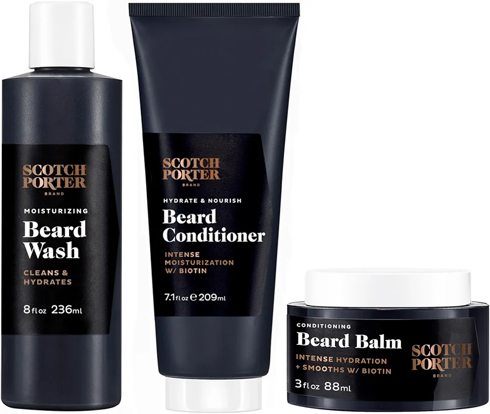 Scotch Porter Beard Wash, Conditioner & Balm – Cleanse, Moisturize, Hydrate, Soften & Style Coarse, Dry Beard Hair while Encouraging Growth for a Fuller, Healthier-Looking Beard