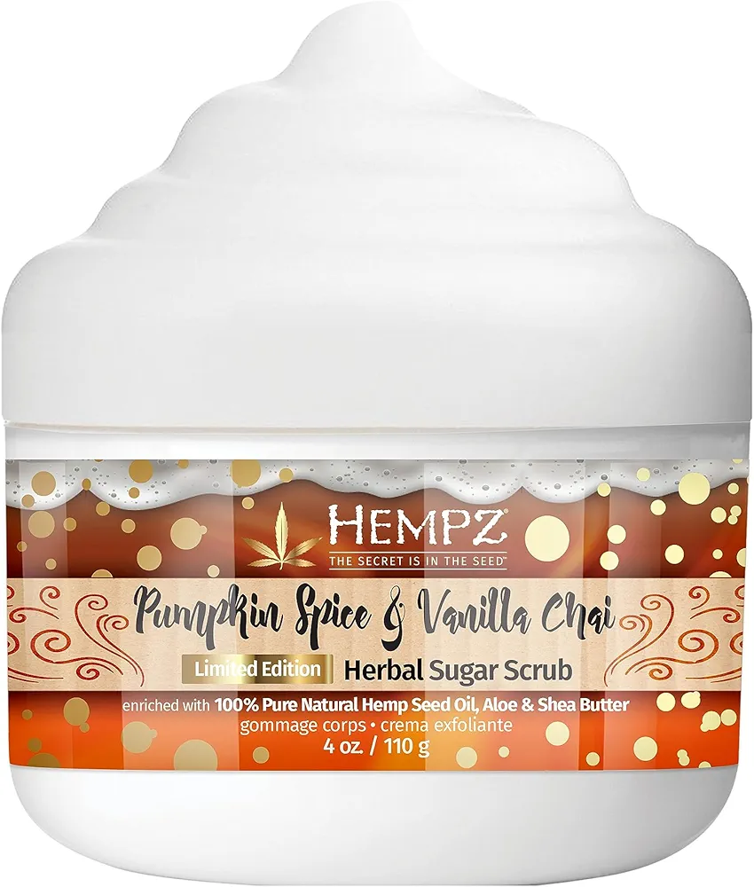 Hempz Pumpkin Spice & Vanilla Chai Exfoliating Body Scrub (4 Oz) – Yummy Fall Scented Sugar Body Scrub for Shower & Bath, Cozy Fall Pumpkin & Vanilla Chai Scented Sugar Scrub Exfoliant for Women & Men