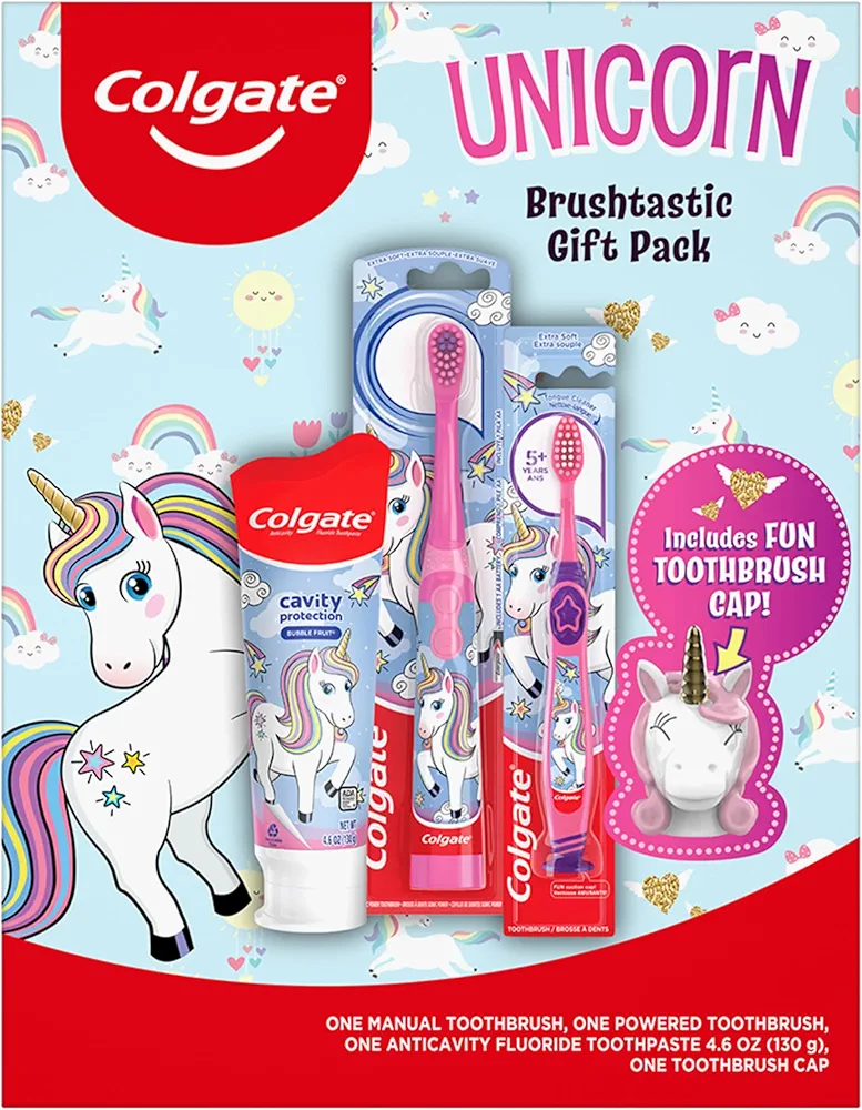 Colgate Kids Toothbrush Set with Toothpaste, Unicorn Gift Set with 1 Manual Toothbrush, 1 Battery-Powered Toothbrush, 1 Kids Fluoride Toothpaste, and 1 Toothbrush Cover