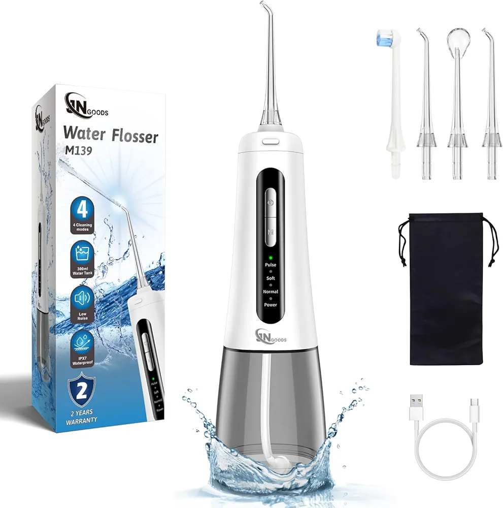 Cordless Water Dental Flosser Oral irrigator,JNGOODS 300ml Rechargeable Water flosser for Teeth IPX7 Waterproof 4 Modes Portable Oral Irrigator with 4 Jet Tips, Travel Home use (White)