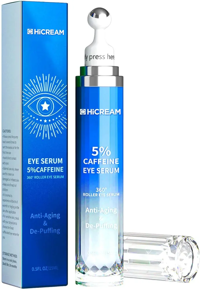 5% Caffeine Peptide Eye Serum, Under Eye Roller Cream for Dark Circles, Puffiness, Bags Under Eyes - 360° Massage Ball Cream for Wrinkles, Fine Lines and Firming (Dark Blue)