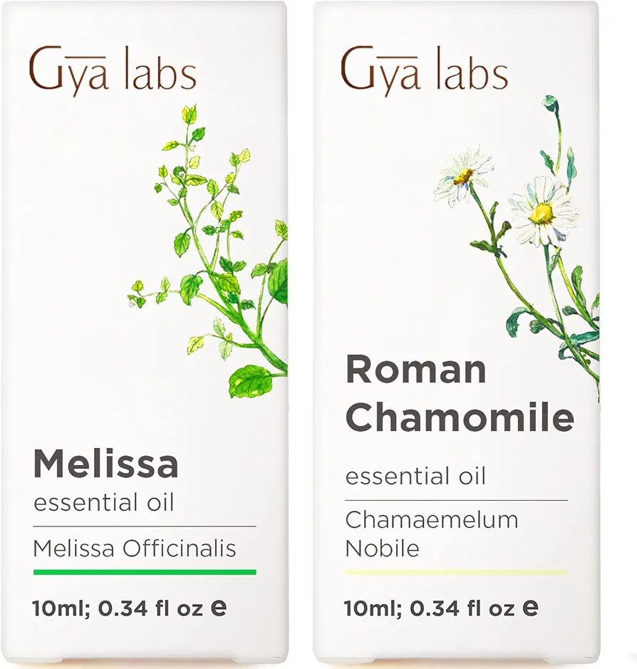 Melissa Essential Oil for Diffuser & Roman Chamomile Essential Oil for Diffuser Set - 100% Natural Aromatherapy Grade Essential Oils Set - 2x0.34 fl oz - Gya Labs