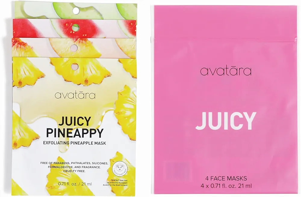 Avatara Juicy Face Mask Set of 4, Face Mask Pack, Beauty and Skincare Facial Mask Collection Infused with Natural Fruit Extracts, Hydrating Watermelon, Soothing Avocado