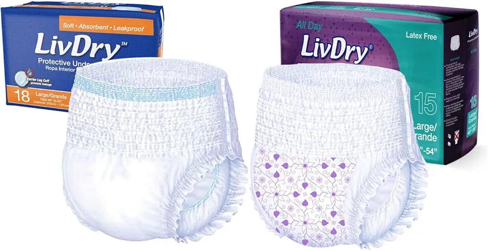 LivDry Adult Incontinence Underwear, Extra Absorbency with Women's All Day Bundle - Large, Bag