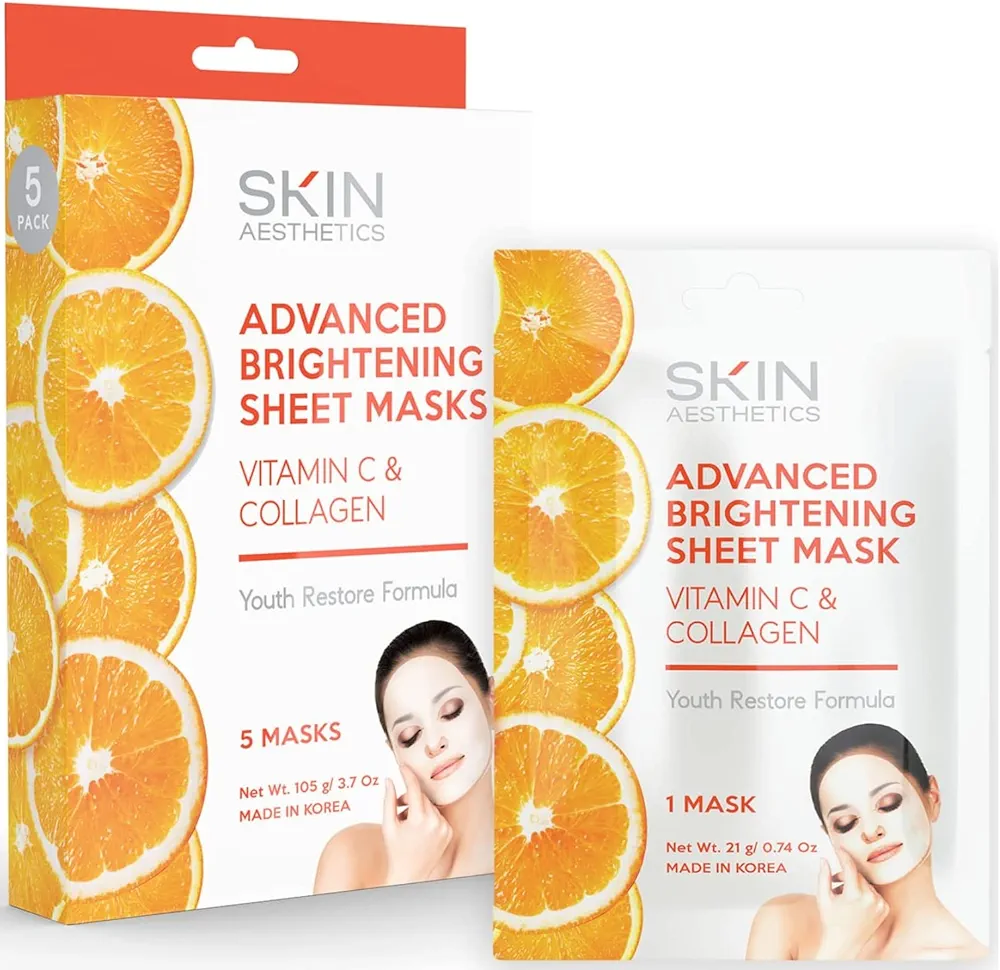 Vitamin C & Collagen Sheet Face Mask - Reduce Wrinkles & Age Spots, Moisturizes, Hydrating & Advanced Brightening Sheet Mask - Cruelty Free Korean Skin Care - All Skin Types - 5 Masks