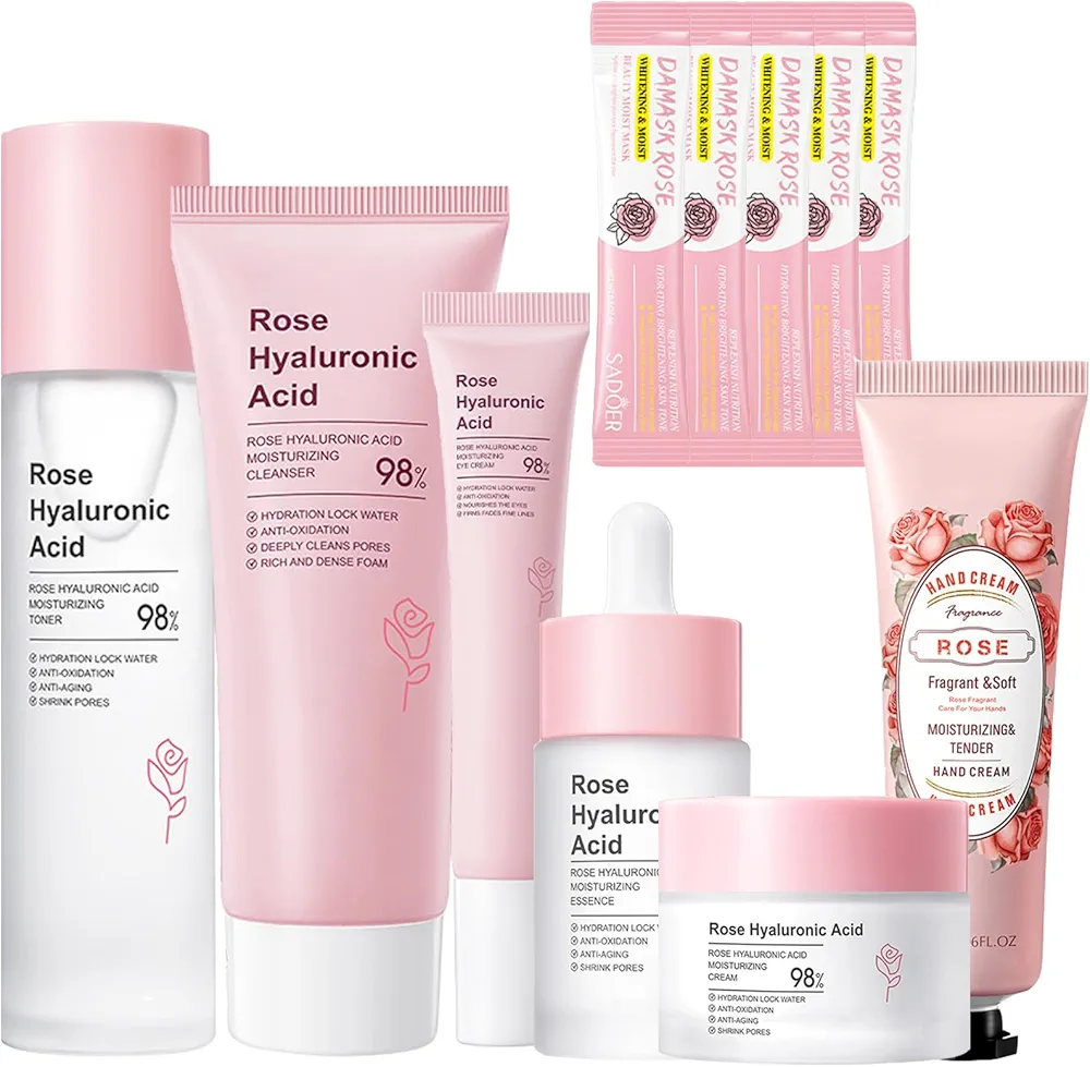 Rose Skin Care Set, 11Pcs Hyaluronic Acid Face Care Set for Women Include Rose Extract Toner Serum Face Cream Cleanser Eye Cream Hand Cream Facial Mask, Improve Skin Hydrating Skin Care Routine Set