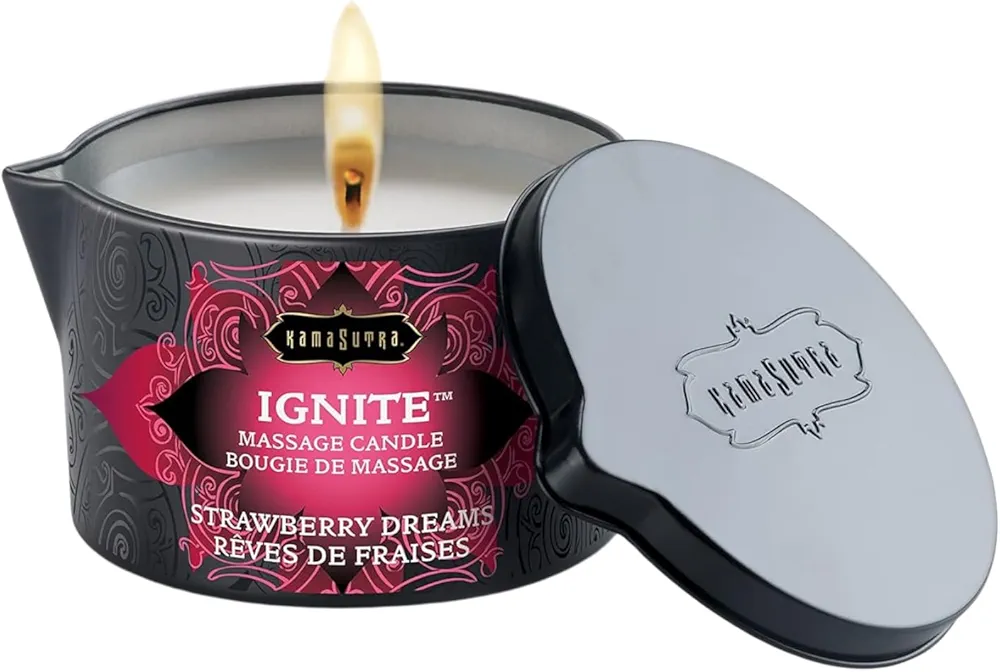 KAMA SUTRA Ignite Massage Candle - Coconut Oil and Soy Based - Strawberry Dreams, 6 oz/170 g Sore Muscle Massage Oil - Moisturizing - Natural Therapy Oil - Warming, Relaxing, Sensual Massage