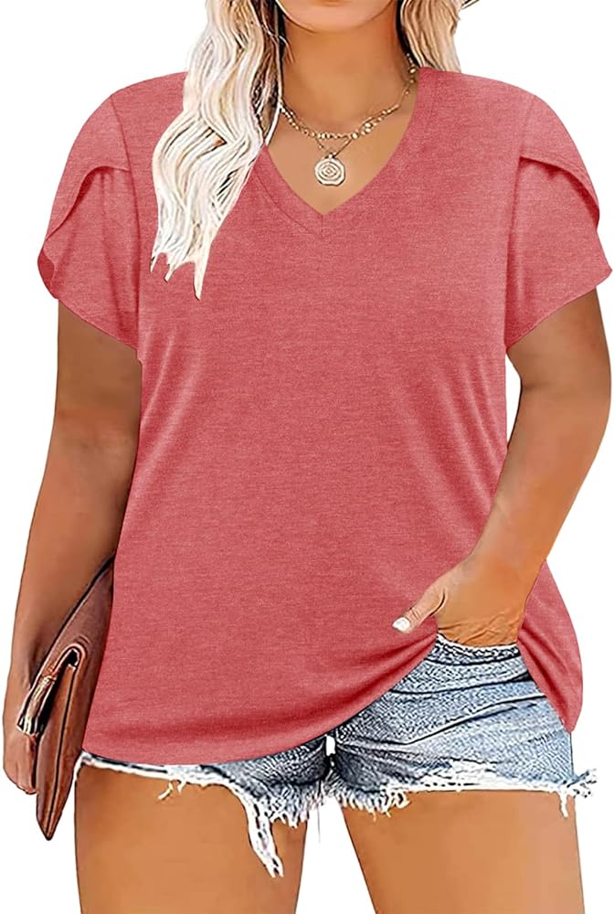 TAKEYAL Women's Plus Size T Shirts Petal Sleeve V Neck Tee Tops Summer Cute Baggy Casual Blouses XL-5XL 2024