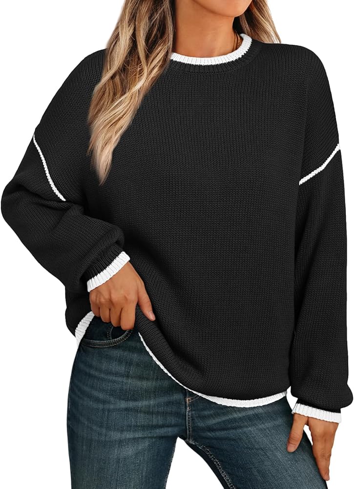 LILLUSORY Women's 2024 Crewneck Oversized Pullover Sweaters Color Block Casual Long Sleeve Knitted Tops