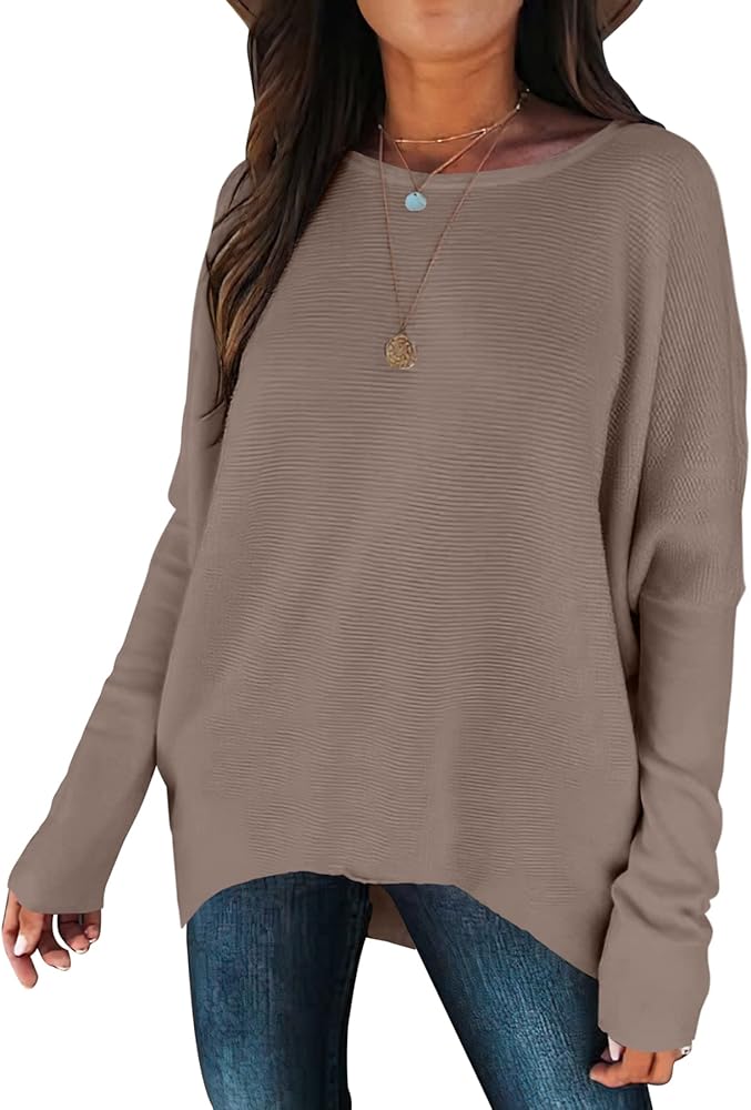 Women's Oversized Sweater Boat Neck Long Batwing Dolman Sleeve High Low Hem Knit Pullover Baggy Jumper Tunic Tops