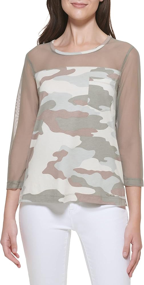 DKNY Women's Camo Chest Pocket Sheer Sportswear Top