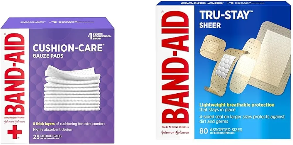 Band-Aid Brand Cushion Care Non-Stick Gauze Pads, 25 Count and Tru-Stay Sheer Strips Adhesive Bandages, 80 Count