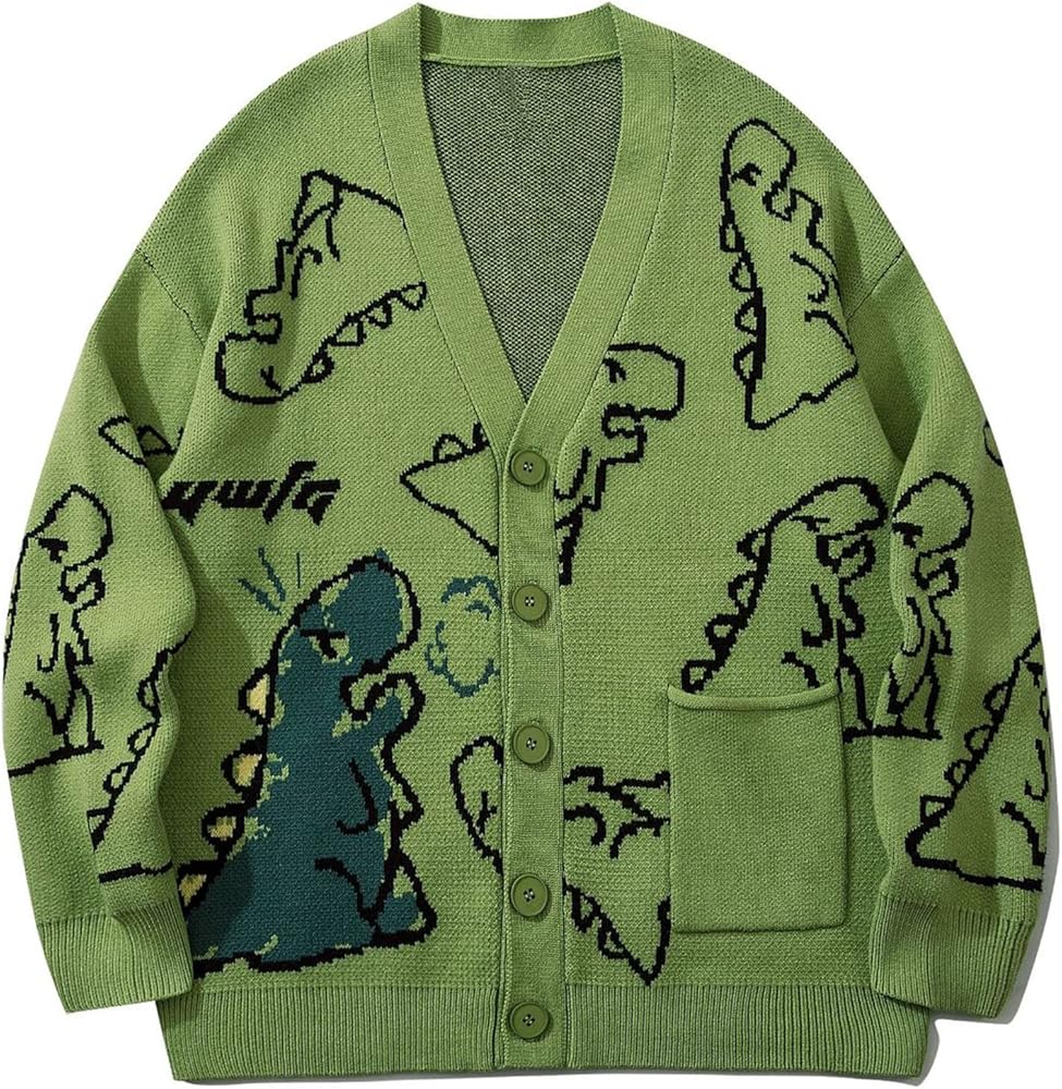 Flygo Women's Dinosaur Sweater Harajuku Cartoon Oversized Button Down Knit Sweater Cardigan