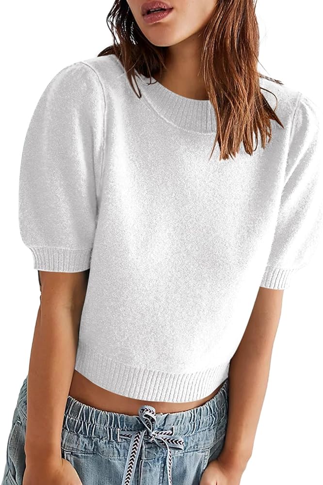 Chang Yun Women's Puff Short Sleeve Cropped Sweaters Summer Trendy Knit Crop Tops Crewneck Casual Pullovers