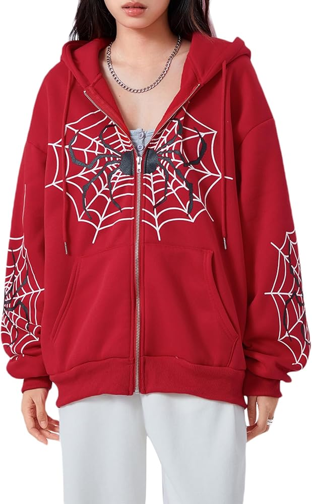 Womens Y2k Zip Up Spider Graphic Hoodie Halloween Rhinestone Oversized Hoodies Vintage Goth Grunge Jacket Streetwear